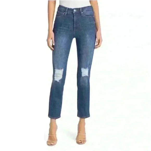 Good American Good Vintage straight leg jeans with distressed holes on knees - Picture 1 of 5